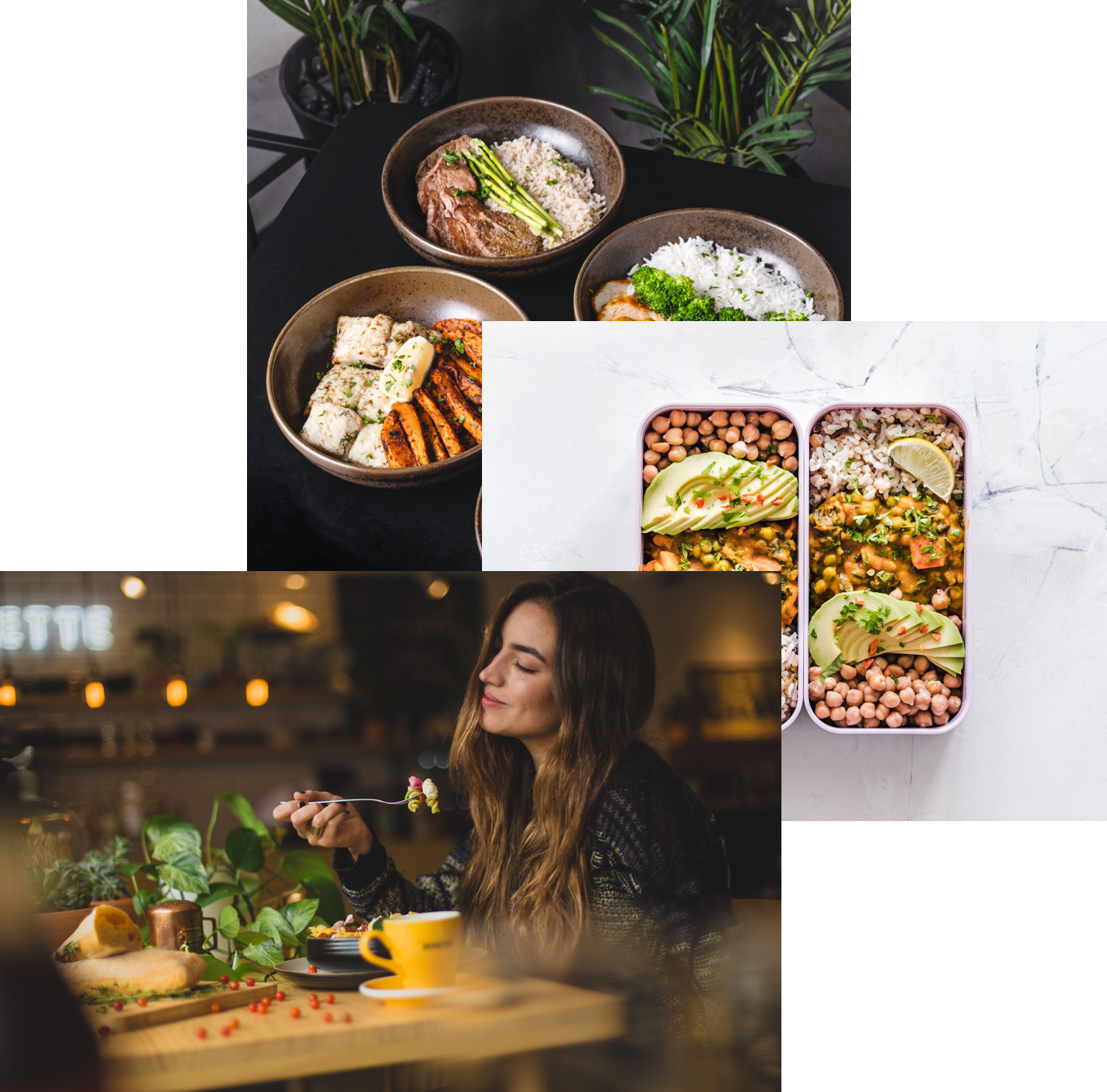 Woman enjoing food, meals in storge container and food bowls on a table